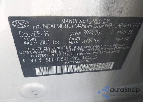 2019 Hyundai Elantra Sel from USA, damaged, VIN 5NPD84LF9KH444615